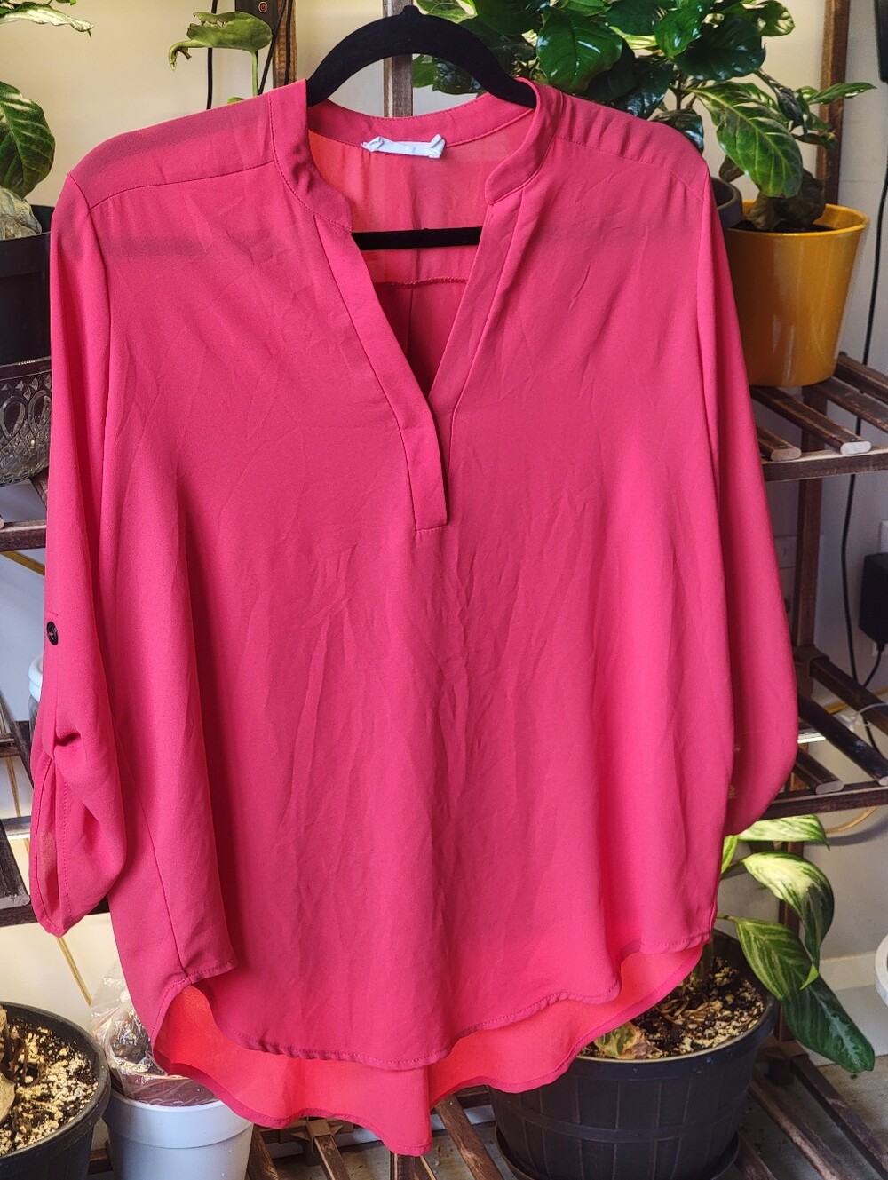 Lush Hot Pink/ Coral Split-Neck Roll-Tab Sleeve Tunic Blouse
